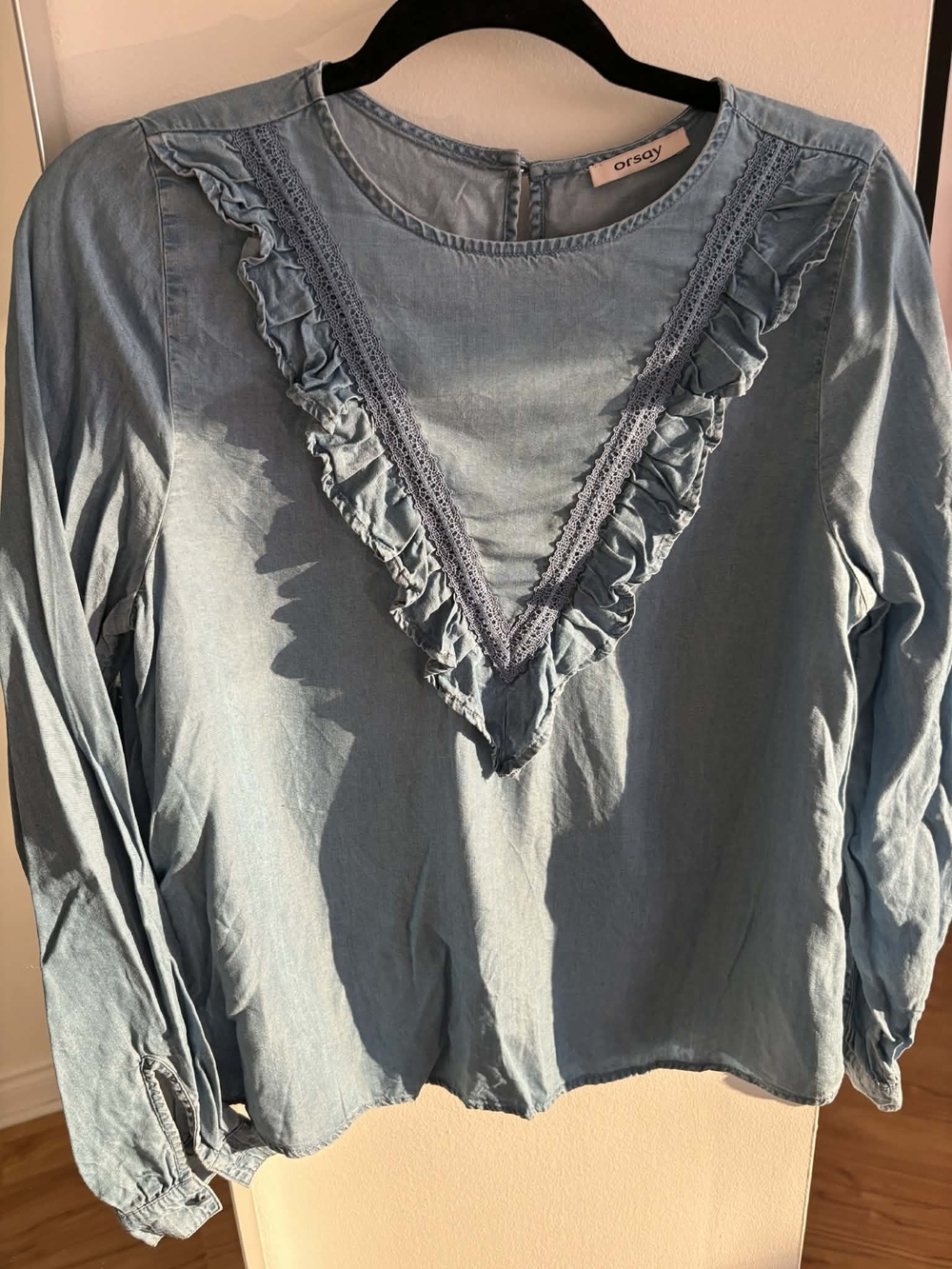 Orsay Light Blue Ruffle V-Neck Long Sleeve Top